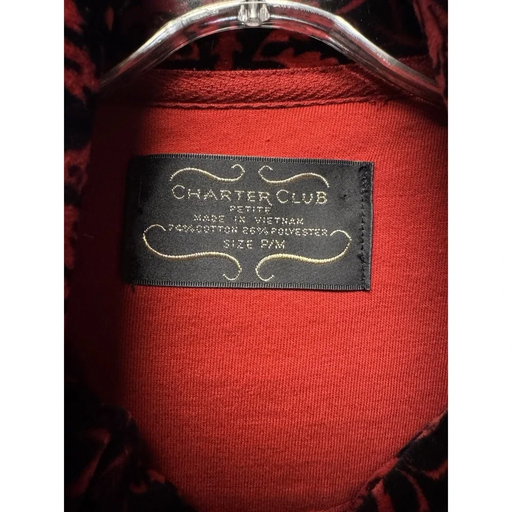 Charter Club Women's‎ SZ P/M Red Black Damask Velvet Zip Up Bomber Jacket Soft